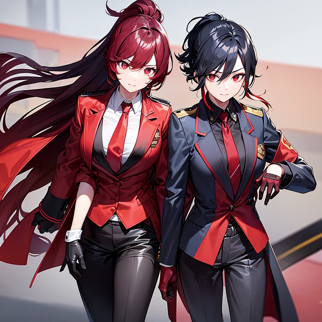 imtdzhuyuan, black hair, red hair, cropped jacket, multicolored hair, two tone hair, streaked hair, gloves, blue jacket, ponytail, red eyes, green necktie, collared shirt, bangs, pants, bodysuit, uniform, police,big breasts