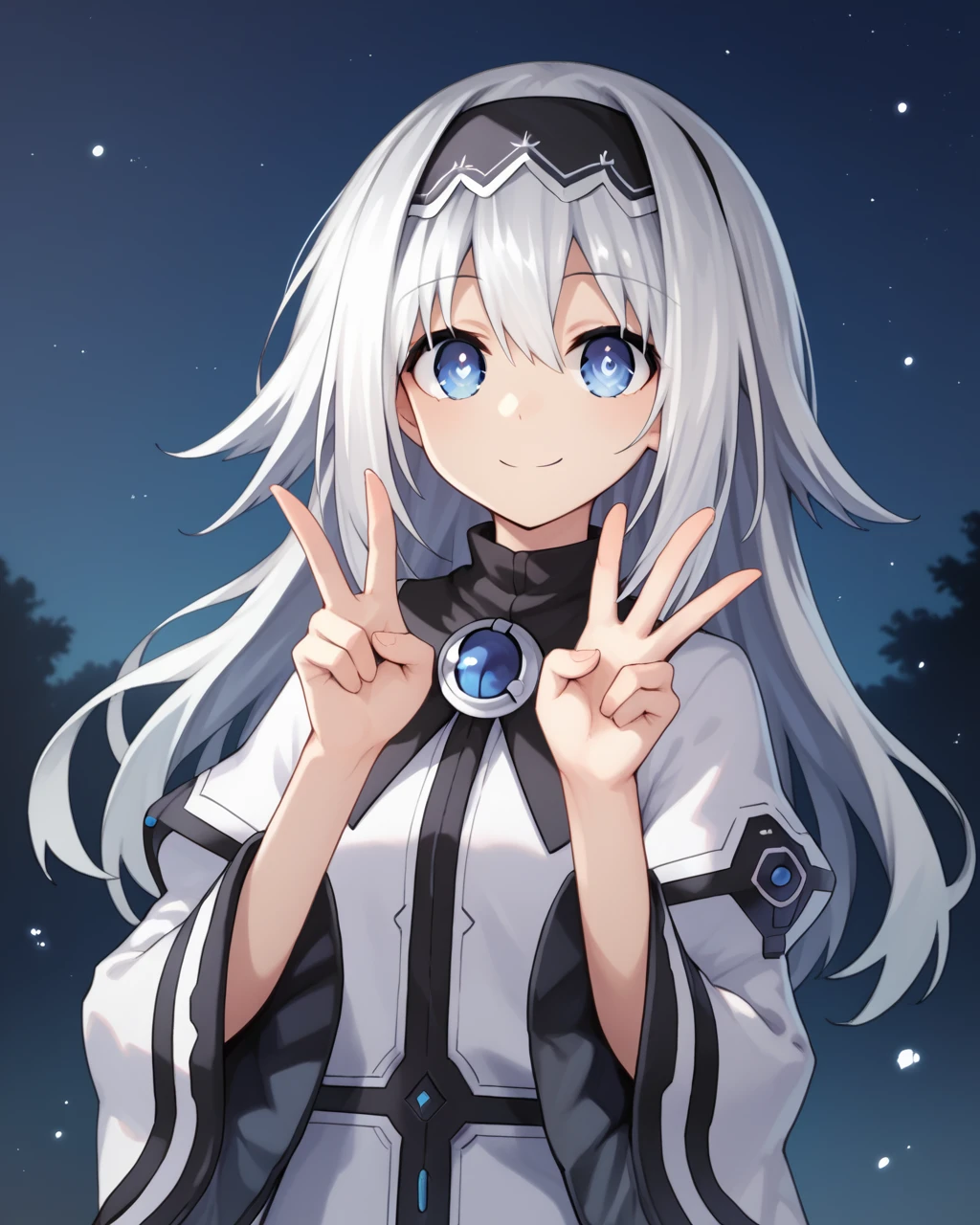 score_9, score_8_up, score_7_up, arusu maria,1girl, solo, long hair, blue eyes, white hair,hair between eyes,white dress,white thighhighs, long sleeves, wide sleeves,black hairband,Face, upper body, peace pose, smiling, sit, rised hand, black night sky, bright eyes, earth in the sky