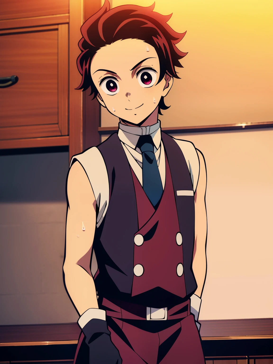 Highres, Masterpiece, Best quality at best,Best Quality,hight quality, hight detailed, Anime style, 1boy, Boy, Shota, Solo person, Tanjiro_kamado, Demon slayer, Sleeveless vest, Tie, Gloves, Choker, Casino, Waiter, night day, Slim body, smile, sweat, Body, Simple beckground, Seen from the front, Serving food, ( boy), (Very small and short body)