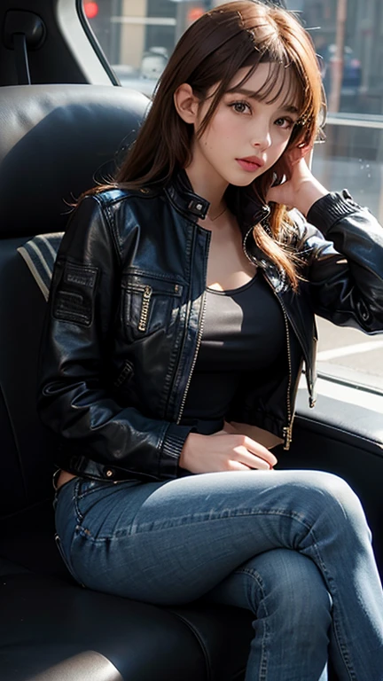 solo , 1girl , leather dress , big breast , American girl Sitting , jeans jacket , Sit