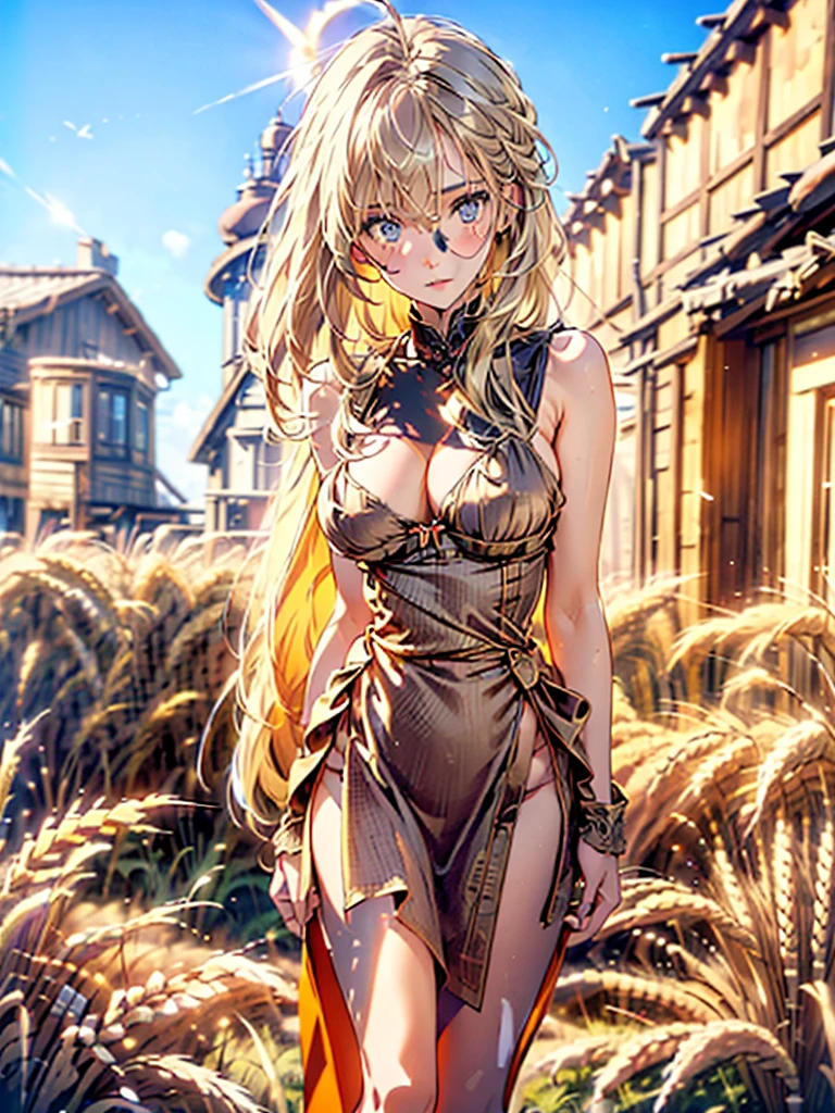 (((waist shot:1.5)))photo of a 30 years old (E-Girls_Mansion_Cassidy),2girls soft smile, modelshoot style, (extremely detailed), (CG unity 8k wallpaper), Intricate, High Detail, Sharp focus, dramatic, ((photorealistic)), (((background(A sun-drenched wheat field under a blue sky)))), ((posing for a photo)), (detailed pupils:1.2),warm smile, suntan, bronze skin, (full body shot, 8k, RAW photo, best quality, depth of field, ultra high res:1.2), (absurdres, intricate, photorealistic, masterpiece, ultra-detailed:1.3, cinematic lighting), shot at eye level, photography on a Fujifilm X-T4 with a 50mm lens, indoors, modelstyle photography setting,(facing right side side turned Looking at viewer over shoulder,small waist, medium hips, (big natural breast:1.5) sideboob),(standing legs apart) wide depth of field,( very long (Blond):1.5) hair, (realistic:1.5), glossy lips, soft skin, elegant makeup, wearing (Burnt Orange) milkmaiddress
sultry look, seductive,