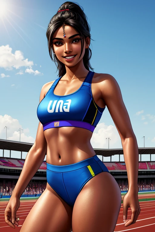 beautiful 23-year-old Indian girl, track outfit, in blue sports bra and bottoms, smiling, teeth, shes very confident, outside on track field, ((slim, athletic)), masterpiece, high contrast, photorealistic digital art trending on Artstation 8k HD high definition detailed realistic, detailed, skin texture, hyper detailed, realistic skin texture, armature, best quality, ultra high res, (photorealistic:1.4),, high resolution