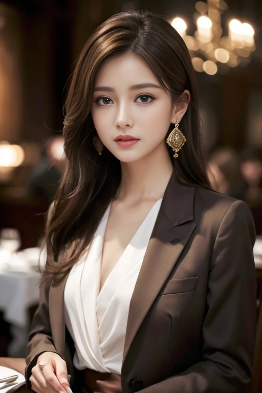 masterpiece, Highest quality, Realistic, Very detailed, Finer details, High resolution, 8k wallpaper, One beautiful woman, Wear a nice suit, In a great restaurant, At night, Light brown messy hair, Perfect dynamic composition, Beautiful and beautiful eyes、Big earrings、