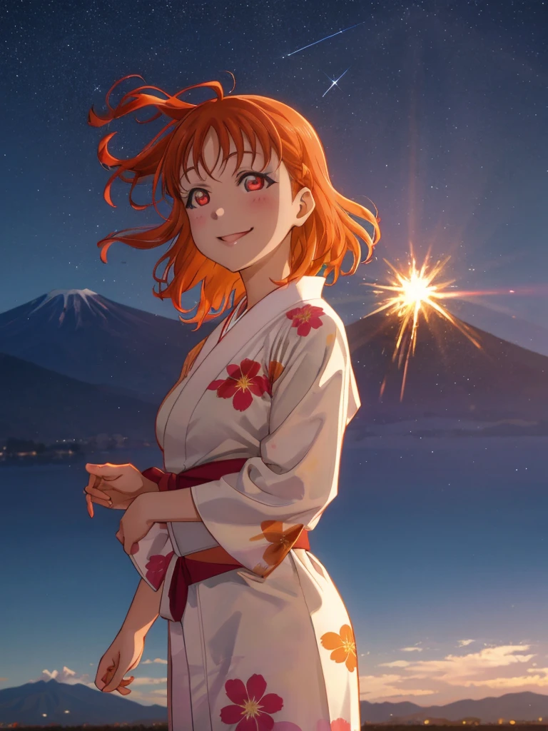 Create an image of Chika Takami from Love Live! Sunshine. She has orange hair, red eyes, and is wearing a white yukata. Her hair is gently swaying in the wind as she smiles. It’s nighttime with stars in the sky, set in Numazu with mountains and Mount Fuji visible. A single firework is lighting up the scene.One girl, Highest quality, Anatomically correct, far and near method, smile