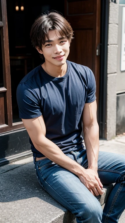 solo , 1man , thai man Sitting , blue shirt , black jeans , happy , sit