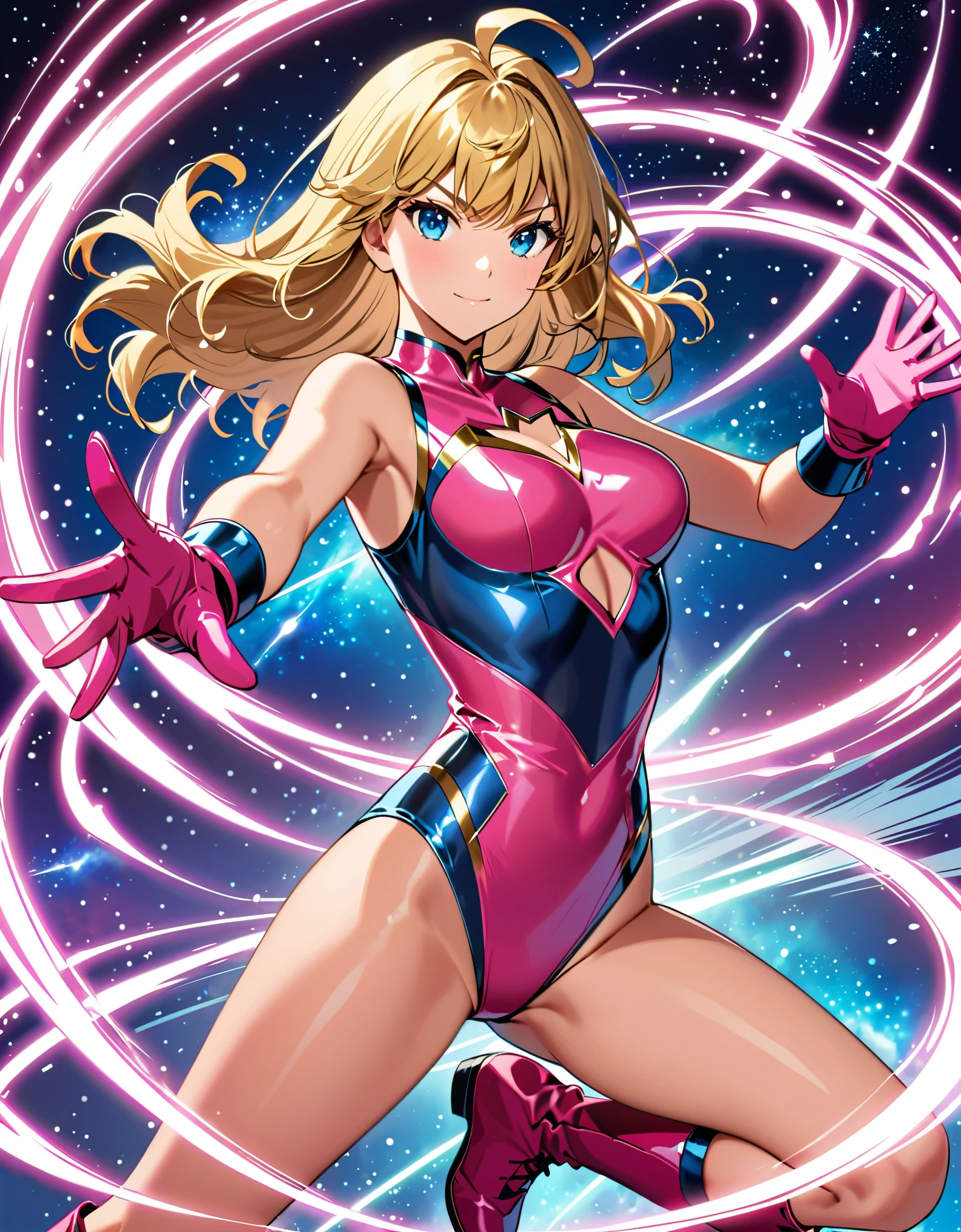 (masterpiece), (best quality), (high res), 1girl, solo, solo focus, superhero, leotard, bare legs, matching boots, sleeveless, looking at viewer, perfect hands, perfect eyes, perfect leotard, perfect legs, perfect arms, perfect fingers, medium breasts, pink leotard, (blonde hair), long hair, knee boots, blue eyes, heart cutout, cute face, hair down, bangs, ahoge, sleeveless, pink gloves, pink footwear, cleavage cutout, serious, full body with costume, cowboy shot, space backdrop. (T-pose, legs together). (spins fast in place like a tornado, whirls fast in place like a tornado, tornado whirling, spiral lines around her, spinning energy pulse around her, storm winds around her, whirls into a tornado, (she whirls) in (super speeds)). full body costume design. curved sword slash. she super-spins. time travel, time warp.