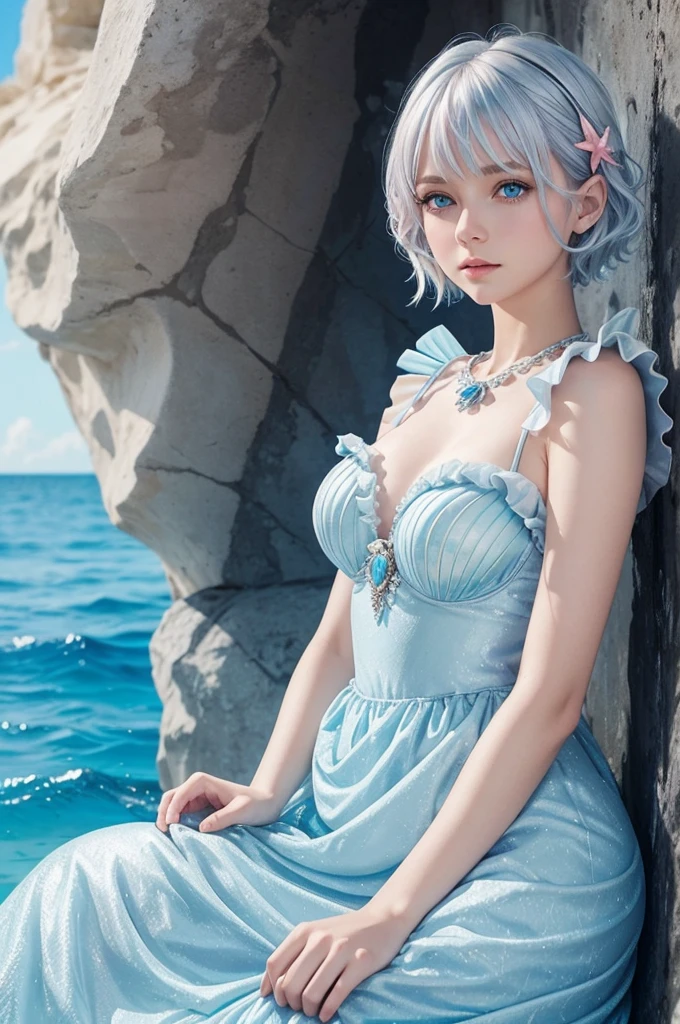 Silver Hair Short Hair Blue Eyes Seashell hair ornament Cool look Light blue mermaid frilly dress Clear blue sea Light of the sun Seashell piercing Pink shells live-action