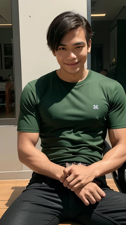 solo , 1man , thai man Sitting , Green shirt , black jeans , happy , sit