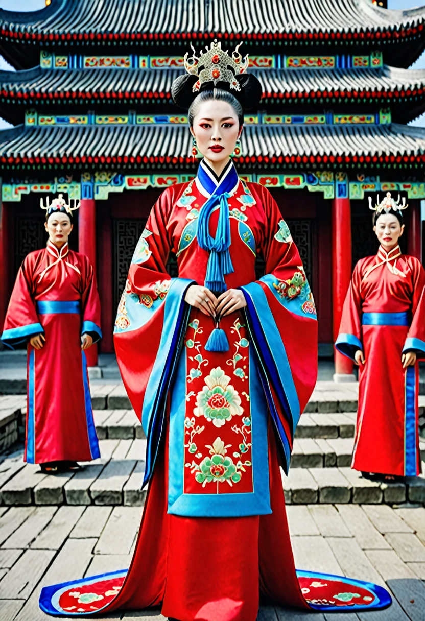 Chinese actress Ruyi Den Jow Xun looking like Empress of the Qing Dynasty standing full frontal view of the Empress in red costume with large breasts and hairy pussy　
Nude
Qing Dynasty Chinese palace outside stone tatami mats with large crown of Empress of China hairstyle