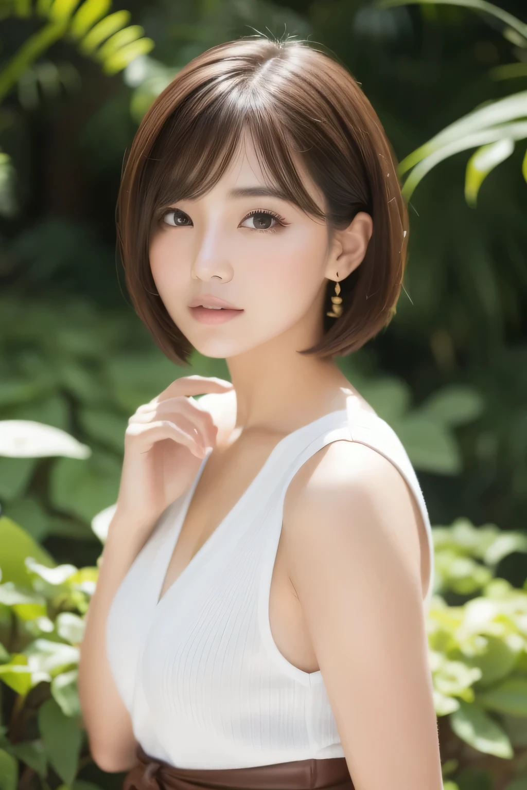 (8K.highest quality), (beautiful), realistic photo, 1girl, female idol,face forward, looking at the camera, semi-short hair, gal, soft bob, upper body, dressed in stylish, contemporary clothing, natural lip, garden background, facing straight ahead