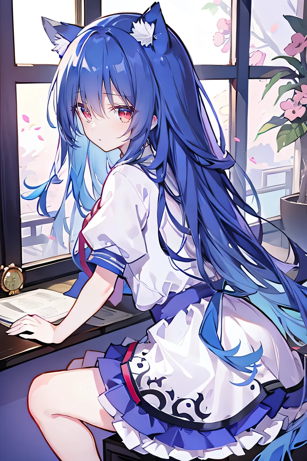 (masterpiece:1.2),Super detailed,lifelike,Expressive eyes,fair skin,perfect face shape,1 girl,
Japanese comics,Gorgeous blue hair,flowing blue hair,flowing clothes,Cat ears,Petals fall,beautiful lola,Baby Angel,
Shaking head with one hand,Cross your legs,,The pavilion is cool and comfortable,smile,back views,sunrise,Petals fall,sunrise,sitting on window sill drinking coffee and looking out the window。