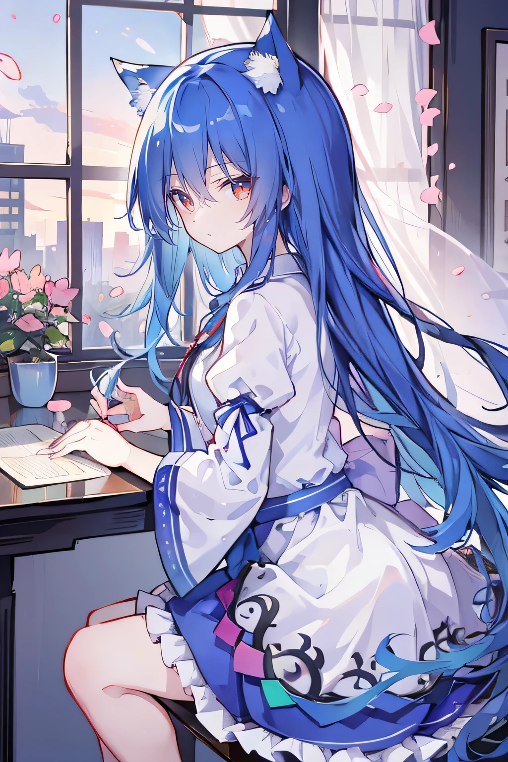 (masterpiece:1.2),Super detailed,lifelike,Expressive eyes,fair skin,perfect face shape,1 girl,
Japanese comics,Gorgeous blue hair,flowing blue hair,flowing clothes,Cat ears,Petals fall,beautiful lola,Baby Angel,
Shaking head with one hand,Cross your legs,,The pavilion is cool and comfortable,smile,back views,sunrise,Petals fall,sunrise,sitting on window sill drinking coffee and looking out the window。