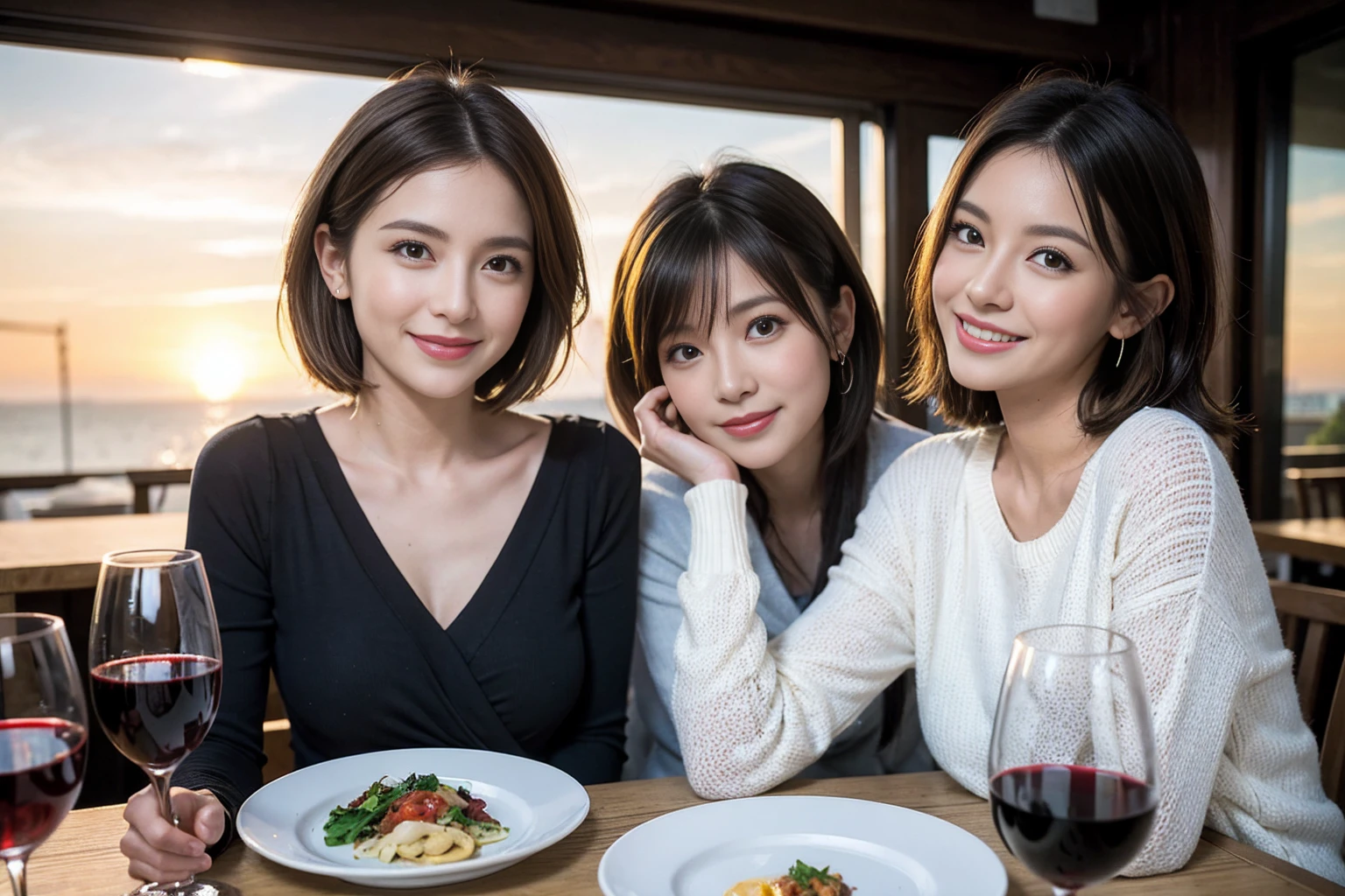 （Realistic:1.1）,(masterpiece,Highest quality)，8k,(49 years old), 47 years old, slimカップル、Model Couple、actress/actor、Tight waist,Upper Body,full-course dinner、wine 、Amazing view of the sunset sky and clouds、Perfect Anatomy, Brown Hair, short hair,Random Hairstyles,((Highly detailed face and eyes:1.2))(cute顔:1.4)，美しいactressの顔，Perfect golden ratio face，Long sleeve shirt、dress,(smile:1.2)、Shortcuts、cute、(Realistic, Intricate details:1.2), A bright smile、short hair,Bright Face、赤wine 、Appetizers、Italian food、wine bottle、Champagne、スパークリングwine、(slimな顔), (The body is slim), (Brown Hair), (Shortcuts),  Upper Body, 白wine, slim, wineグラス, 