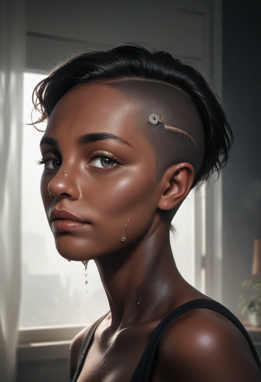 1 woman, inside a room, round neck, side view, facial features, dark, feminine eyes, detailed dark black skin, shaved head with no hair, strong expression, dramatic lighting, cinematic composition, female body, cold palette and warm color palette, atmospheric fog, pretty face, beautiful bald black woman, (best quality, 4K, 8K, high resolution, art: 1.2), ultra-detailed, (realistic, photorealistic, photorealistic : 1.37)