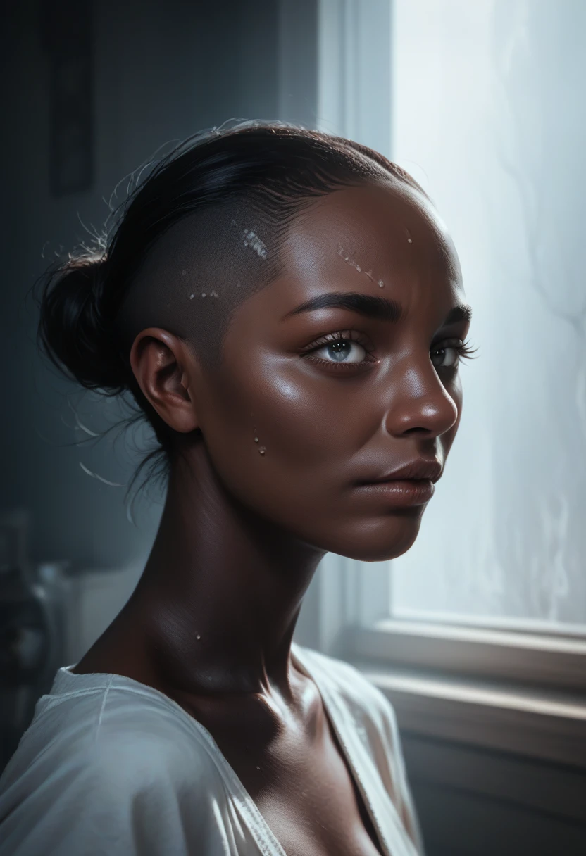 1 woman, inside a room, round neck, side view, facial features, dark, feminine eyes, detailed dark black skin, shaved head with no hair, strong expression, dramatic lighting, cinematic composition, female body, cold palette and warm color palette, atmospheric fog, pretty face, beautiful bald black woman, (best quality, 4K, 8K, high resolution, art: 1.2), ultra-detailed, (realistic, photorealistic, photorealistic : 1.37)
