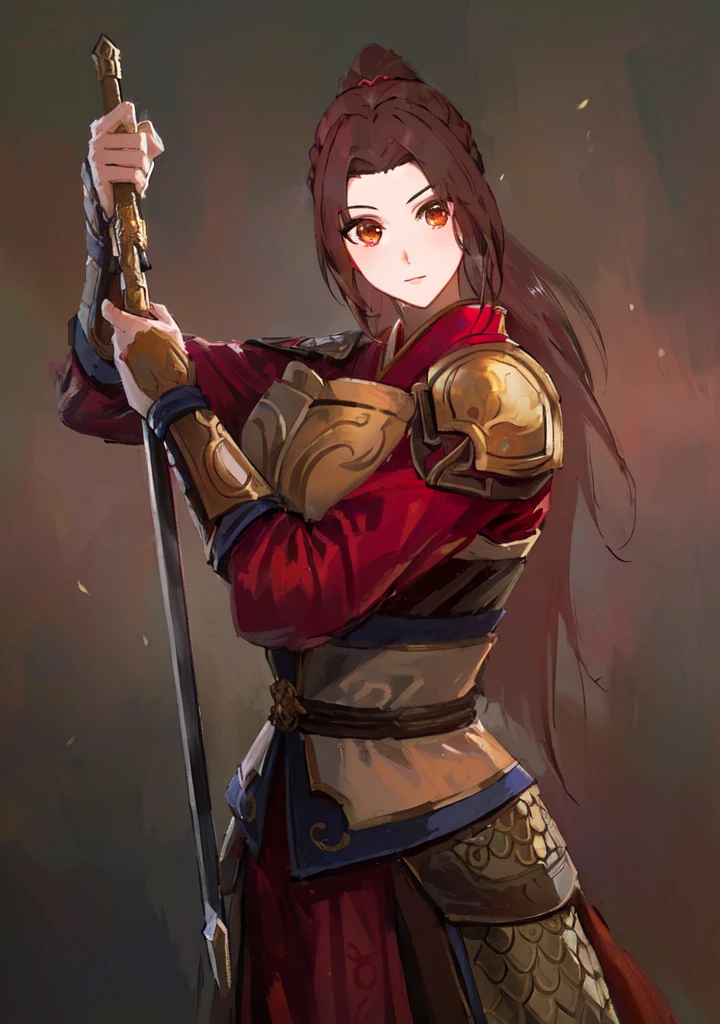 Three Kingdoms，Dynasty Warriors，A woman with a sword，Mai Shiranui，Dark brown hair，armor，中国armor，Royal sister，Animation Characters，Huge Breasts