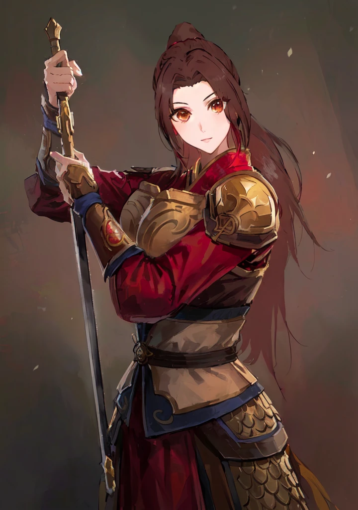 Three Kingdoms，Dynasty Warriors，A woman with a sword，Mai Shiranui，Dark brown hair，armor，中国armor，Royal sister，Animation Characters，Huge Breasts