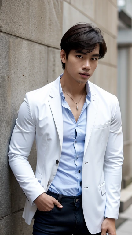 solo , 1man , thai man , white jacket , blue shirt with collar , black jeans