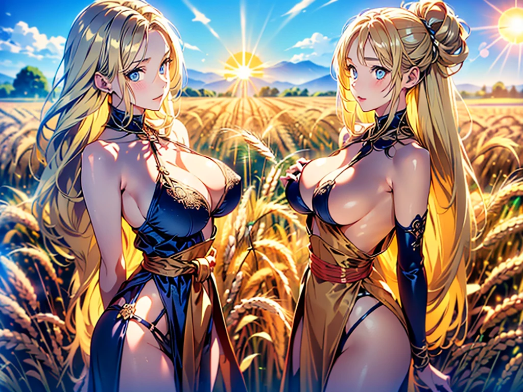(((waist shot:1.5)))photo of  a 30 years old (E-Girls_Mansion_Cassidy),2girls soft smile,  modelshoot style, (extremely detailed), (CG unity 8k wallpaper), Intricate, High Detail, Sharp focus, dramatic, ((photorealistic)), (((background(A sun-drenched wheat field under a blue sky)))), ((posing for a photo)), (detailed pupils:1.2),warm smile, suntan, bronze skin, (full body shot, 8k, RAW photo, best quality, depth of field, ultra high res:1.2), (absurdres, intricate, photorealistic, masterpiece, ultra-detailed:1.3, cinematic lighting), shot at eye level, photography on a Fujifilm X-T4 with a 50mm lens, indoors, modelstyle photography setting,(facing right side side turned Looking at viewer over shoulder,small waist, medium hips, (big natural breast:1.5) sideboob),(standing legs apart) wide depth of field,( very long (Blond):1.5) hair, (realistic:1.5), glossy lips, soft skin, elegant makeup, wearing  (Burnt Orange) milkmaiddress
 sultry look, seductive,
