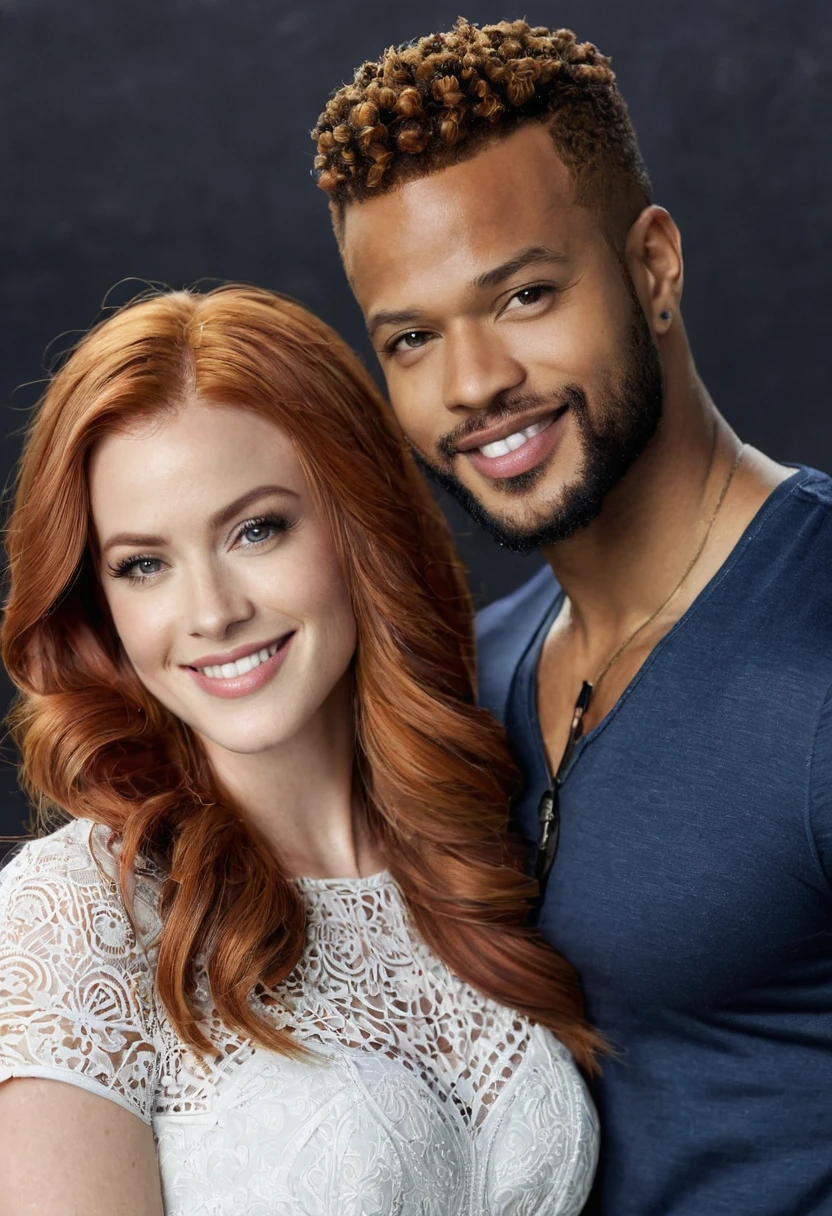 Isaiah Mustafa as Luke Garroway and Maxim Roy as Jocelyn Fray, both from the Freeform television series "Shadowhunters", pose together for a photo. Maxim is a beautiful Caucasian female with red hair and light white skin. Both are smiling. Both are attired attractively but casually for a date. Maxim has lovely makeup on her face. Daytime. Romantic ambiance. Symmetrical eyes. Symmetrical faces. Lovely details. Photorealistic. Full-colored photo. Professional photo. Highly detailed 8K.
