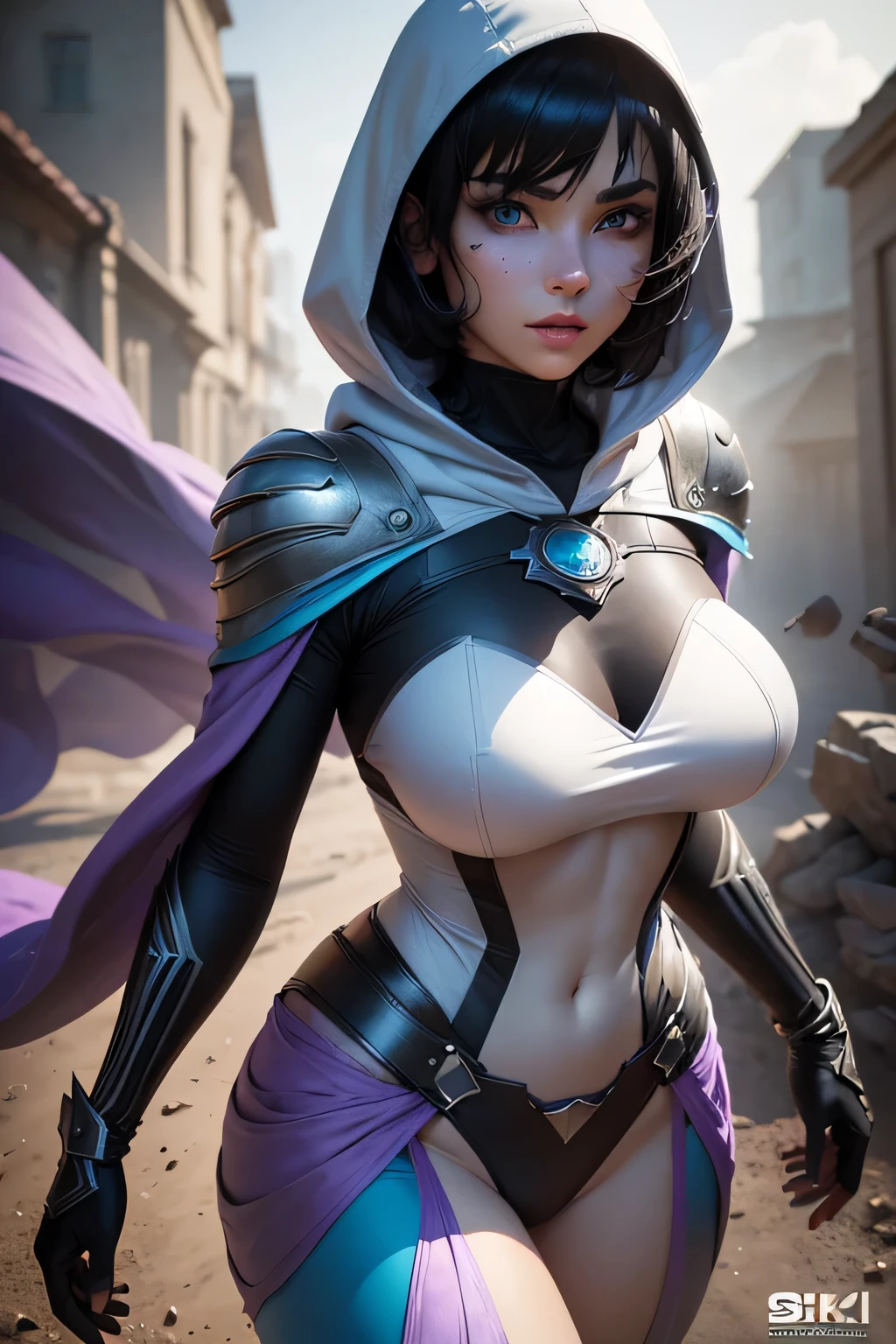 a gorgeous 18 year old superheroine, short black hair, white light purple and black costume that hide her skin, mask, large white hood that hide half of her face, extremely detailed face, beautiful detailed turquoise eyes, beautiful detailed lips, long eyelashes, dynamic pose, flying, dramatic lighting, cinematic, digital art, concept art, (best quality,4k,8k,highres,masterpiece:1.2),ultra-detailed,(realistic,photorealistic,photo-realistic:1.37)