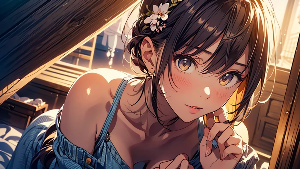 girl in summer clothes, casual dress, making as if she wants to kiss you, (girl bending down looking at camera), medium breasts, cleavage, random background, flirtatious look, ((very detailed)), (perfectly detailed face), (well detailed hand) photorealistic image. highly detailed, et dramatique, lighting cinematic, Lighting scene, soft lights
 sultry look, seductive,
