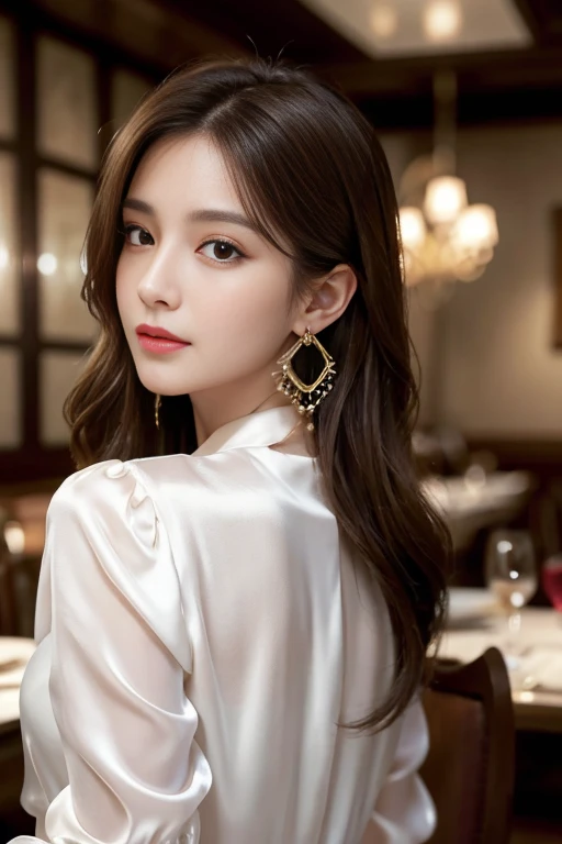masterpiece, Highest quality, Realistic, Very detailed, Finer details, High resolution, 8k wallpaper, One beautiful woman, Wear an elegant silk blouse, In a great restaurant, At night, Light brown messy hair, Perfect dynamic composition, Beautiful and beautiful eyes、Big earrings