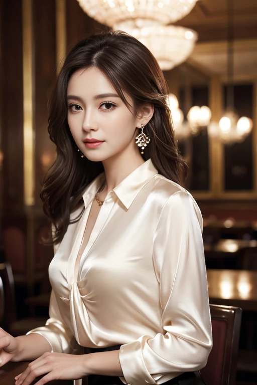 masterpiece, Highest quality, Realistic, Very detailed, Finer details, High resolution, 8k wallpaper, One beautiful woman, Wear an elegant silk blouse, In a great restaurant, At night, Light brown messy hair, Perfect dynamic composition, Beautiful and beautiful eyes、Big earrings