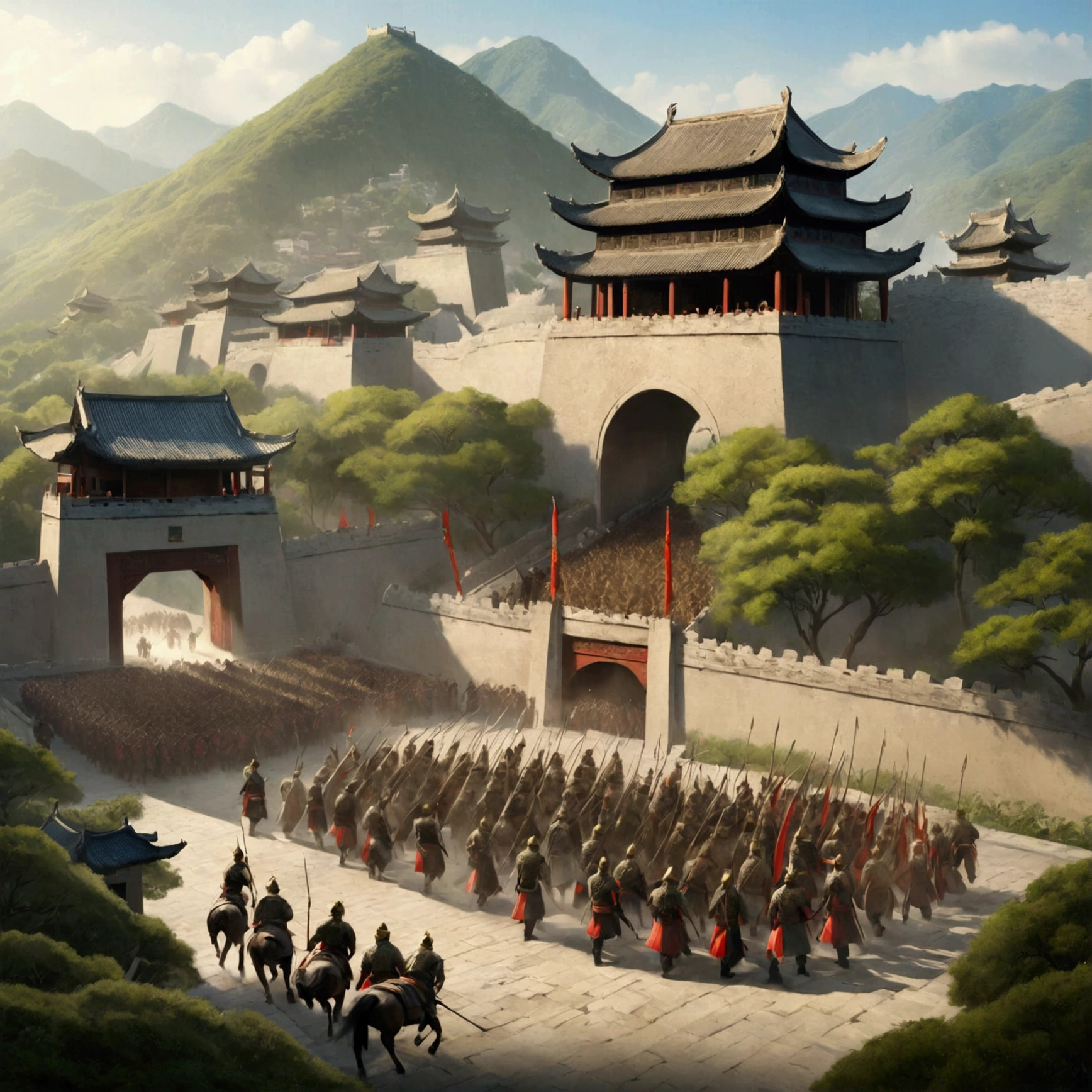 {
"prompt": "A detailed image of the enemy army deciding to retreat, convinced they are walking into a trap. The scene shows the soldiers turning back, with the city gates still ominously open in the background. The landscape includes mountains and traditional Chinese architecture, creating a sense of the Three Kingdoms period.",
"size": "1024x1024"
}