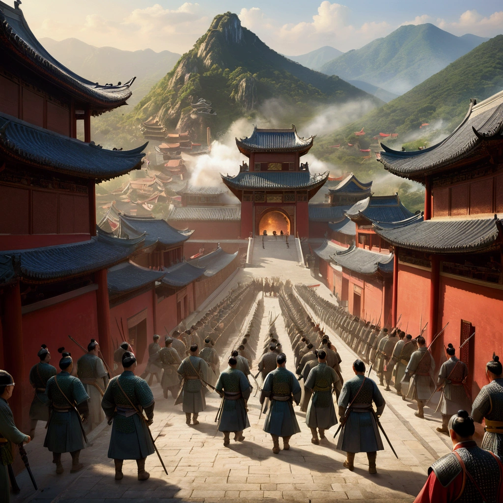 {
"prompt": "A detailed image of the enemy army deciding to retreat, convinced they are walking into a trap. The scene shows the soldiers turning back, with the city gates still ominously open in the background. The landscape includes mountains and traditional Chinese architecture, creating a sense of the Three Kingdoms period.",
"size": "1024x1024"
}