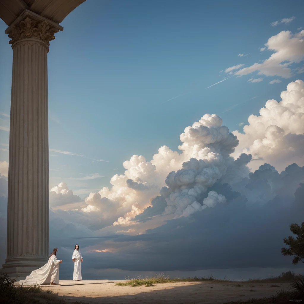 Jesus Christ in humble white clothes in the clouds towards the gates of heaven, incredibly realistic with light rays on the face, white robes, emanating serenity, beautiful sky with clouds in the background, oil painting, high qualiy