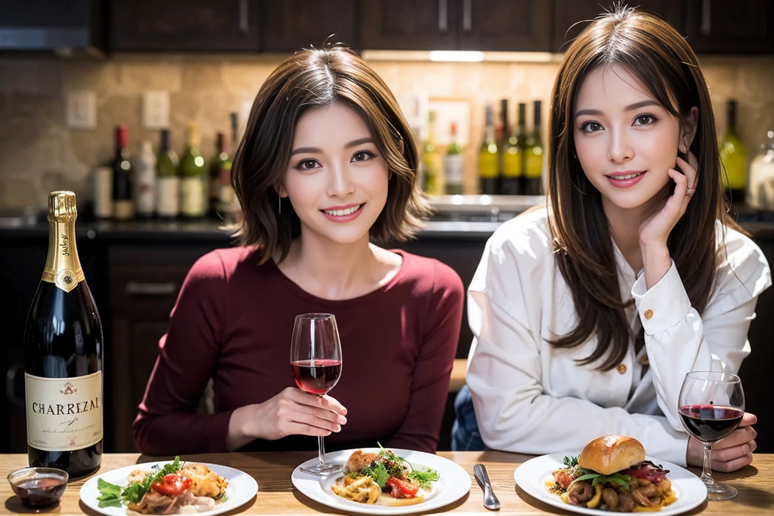 （Realistic:1.1）,(masterpiece,Highest quality)，8k,(46 years old), 42 years old, slimカップル、Model Couple、actress/actor、Tight waist,Upper Body,full-course dinner、wine 、Amazing view of the sunset sky and clouds、Perfect Anatomy, Brown Hair, short hair,Random Hairstyles,((Highly detailed face and eyes:1.2))(cute顔:1.4)，美しいactressの顔，Perfect golden ratio face，Long sleeve shirt、dress,(smile:1.2)、Shortcuts、cute、(Realistic, Intricate details:1.2), A bright smile、short hair,Bright Face、赤wine 、Appetizers、Italian food、wine bottle、Champagne、スパークリングwine、(slimな顔), (The body is slim), (Brown Hair), (Shortcuts),  Upper Body, 白wine, slim, wineグラス, 