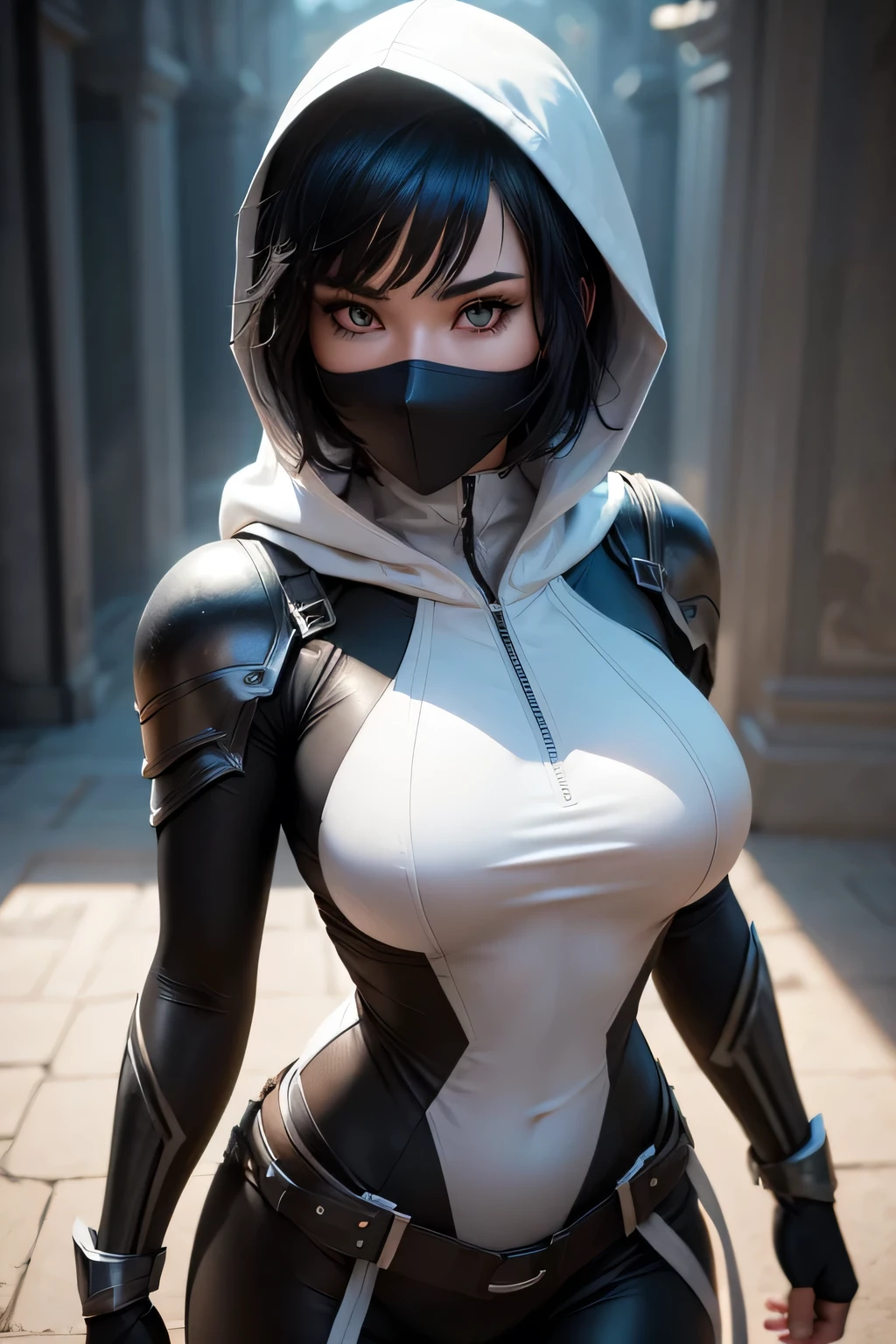 a cute 18 year old superheroine, short black hair, white black costume that hide her skin, mask her mask, large white hood that hide half of her face, extremely detailed face, beautiful detailed light eyes, beautiful detailed lips, long eyelashes, dynamic pose, flying, dramatic lighting, cinematic, digital art, concept art, (best quality,4k,8k,highres,masterpiece:1.2),ultra-detailed,(realistic,photorealistic,photo-realistic:1.37)
