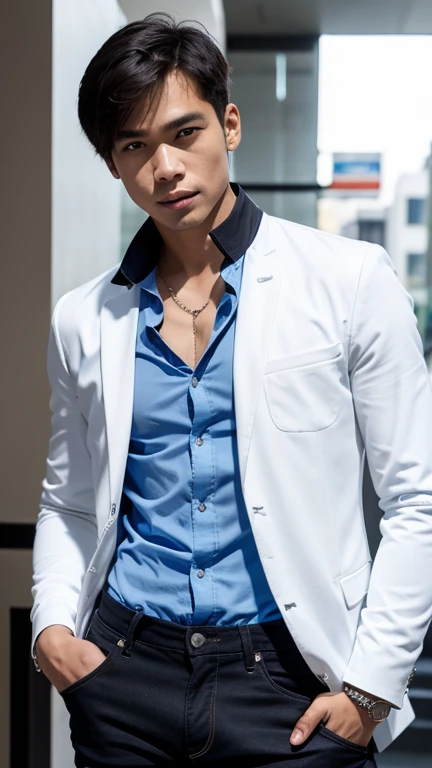 solo , 1man , thai man , white jacket , blue shirt with collar , black jeans , happy