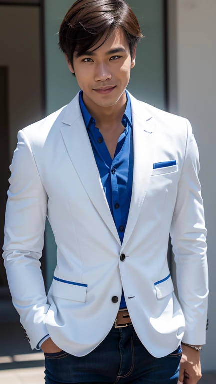 solo , 1man , thai man , white jacket , blue shirt with collar , black jeans , happy