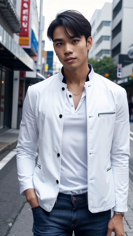 solo , 1man , thai man , white jacket , blue shirt with collar , black jeans , happy