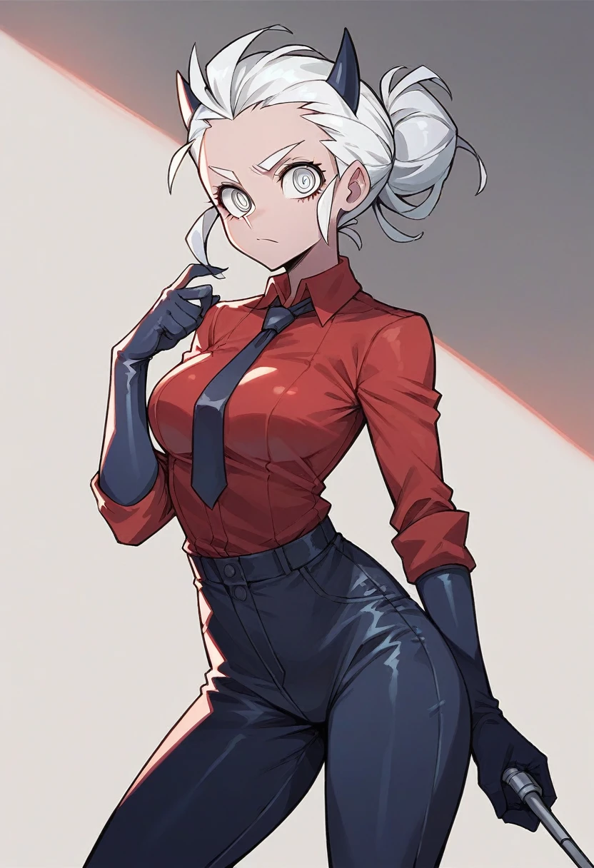 1girl, justice \(helltaker\), ((blue elbow gloves)), ((surgical gloves)), ((latex gloves)), (red shirt), (((long sleeves))), (tie), (pants), looking at viewer, standing, solo