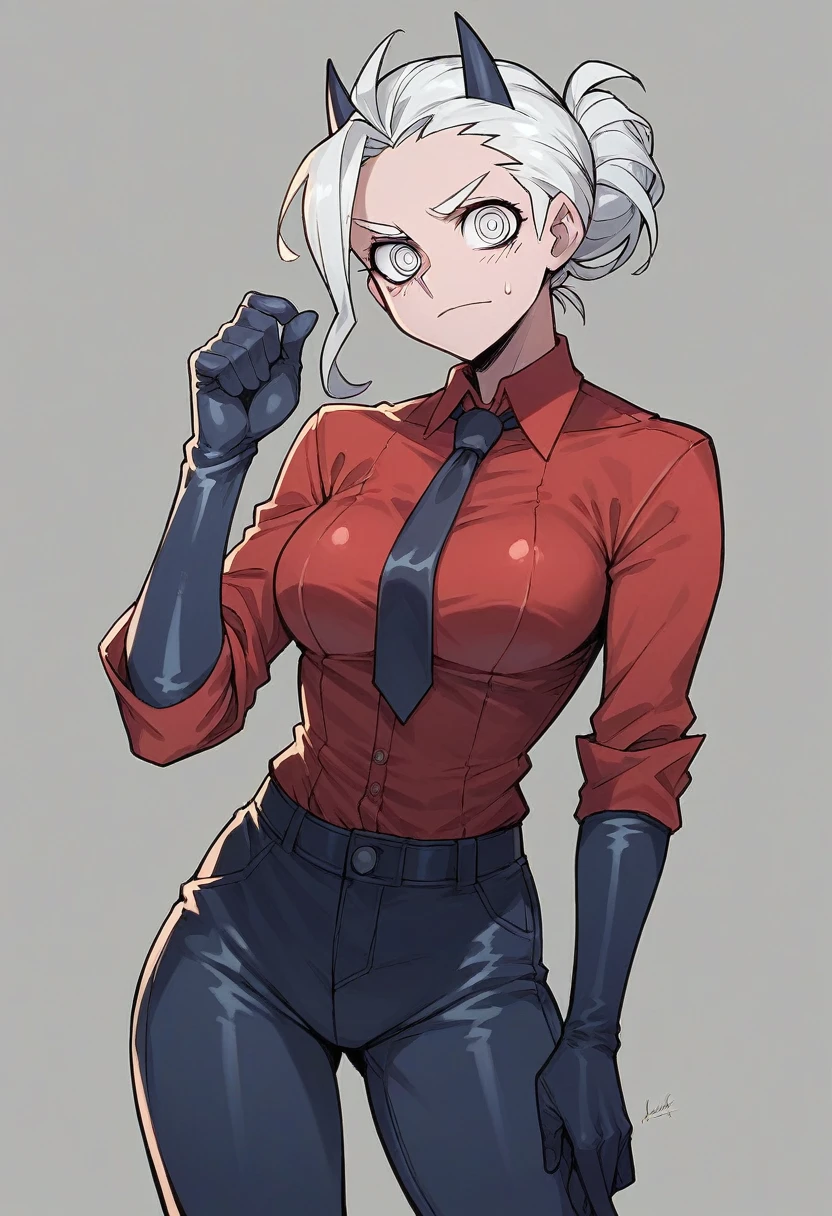 1girl, justice \(helltaker\), ((blue elbow gloves)), ((surgical gloves)), ((latex gloves)), (red shirt), (((long sleeves))), (tie), (pants), looking at viewer, standing, solo