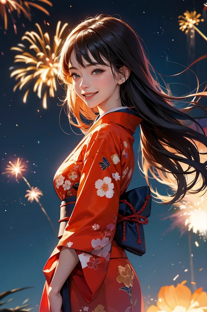 A beautiful smiling woman in a kimono with a large amount of fireworks exploding in the night sky