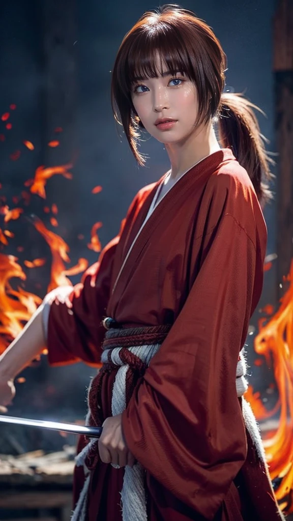 "Rurouni Kenshin",
A moment of frenzy,
capturing the essence of his fiery determination and indomitable spirit,
he exploded in rage,
the action with a straight sword in hand,
bold,
strongly conveying the raw power of Kenshin's rage,
long hair, ponytail, red hair,
sword,
cross mark on left cheek,
high quality, realistic,
20-year-old woman, holding a sword in her hand, surrounded by fire. The man is in a posture of determination, she wears a red kimono with an intricate pattern, combined with a white hakama. The lighting is realistic, emphasizing the intensity of the scene.