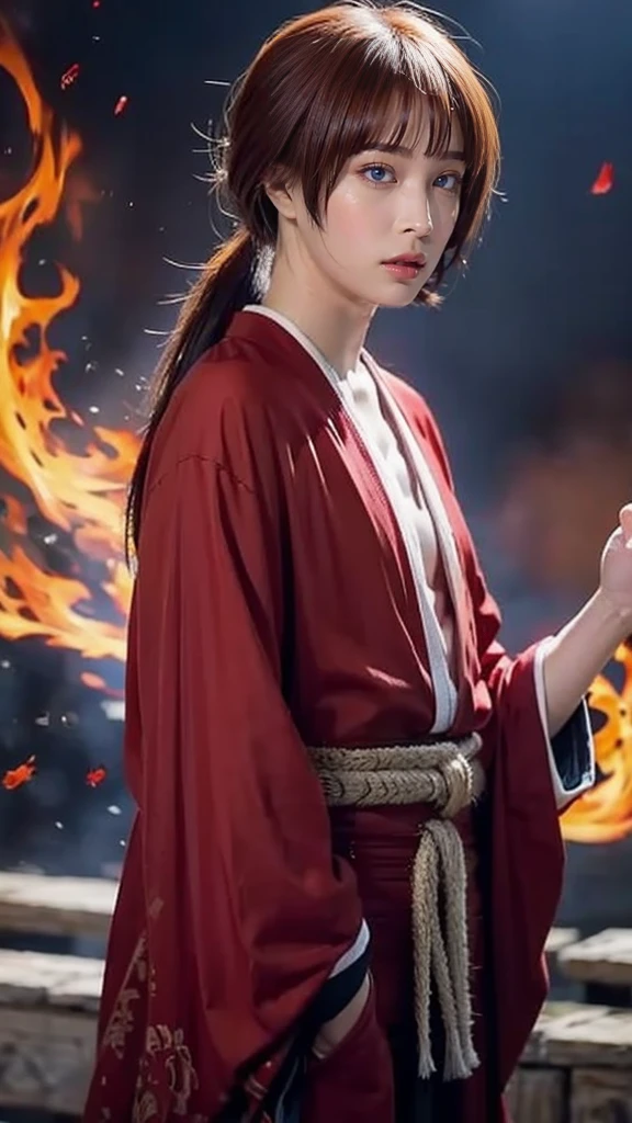 "Rurouni Kenshin",
A moment of frenzy,
capturing the essence of his fiery determination and indomitable spirit,
he exploded in rage,
the action with a straight sword in hand,
bold,
strongly conveying the raw power of Kenshin's rage,
long hair, ponytail, red hair,
sword,
cross mark on left cheek,
high quality, realistic,
20-year-old woman, holding a sword in her hand, surrounded by fire. The man is in a posture of determination, she wears a red kimono with an intricate pattern, combined with a white hakama. The lighting is realistic, emphasizing the intensity of the scene.