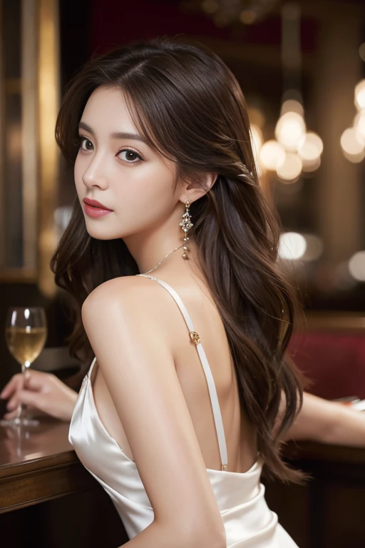 masterpiece, Highest quality, Realistic, Very detailed, Finer details, High resolution, 8k wallpaper, One beautiful woman, Wear an elegant silk dress, In a great restaurant, At night, Light brown messy hair, Perfect dynamic composition, Beautiful and beautiful eyes、Big earrings
