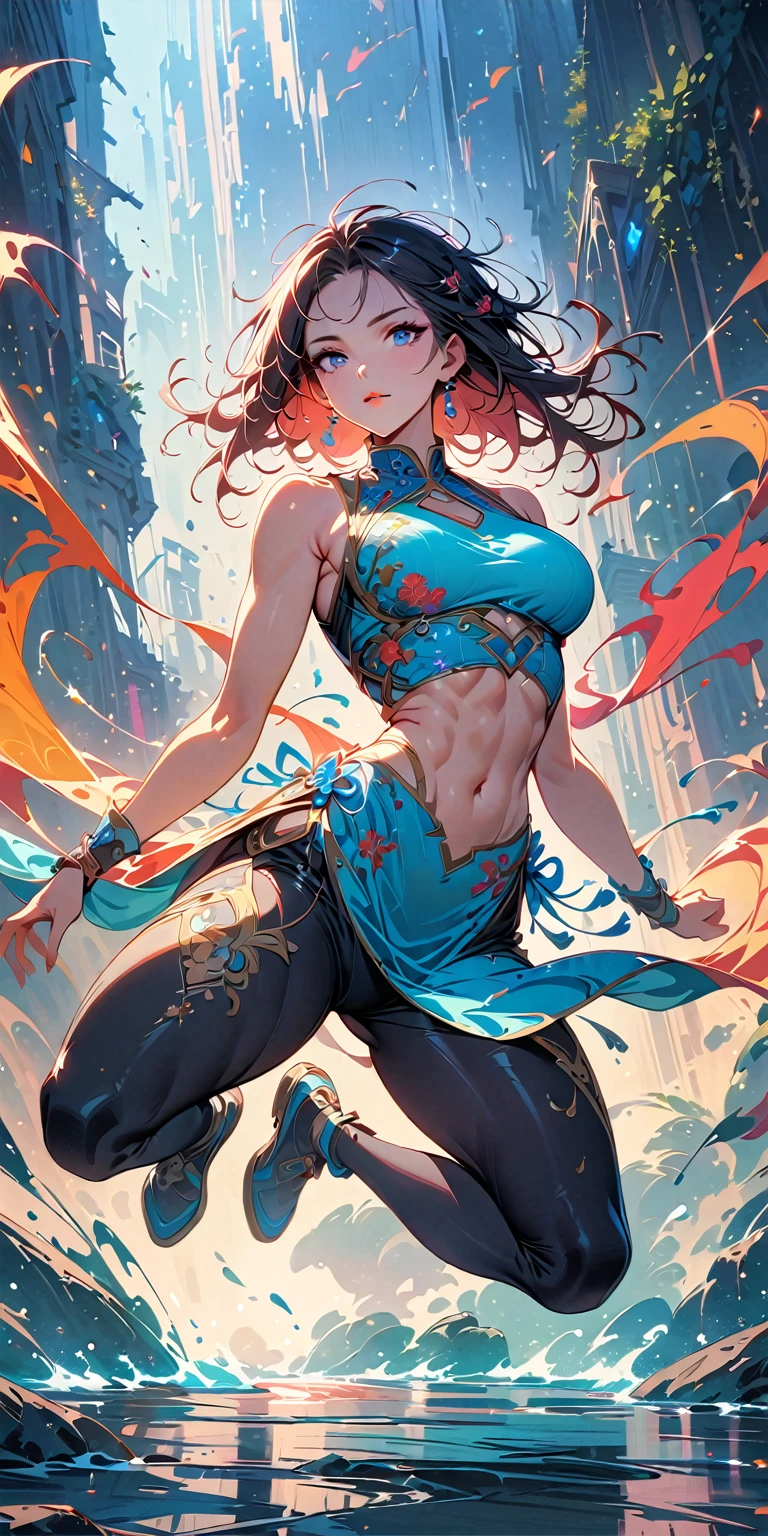 beautiful  muscular woman and doing a jumping kick, six pack, no men in background , Chinese dress crop top,  and leggings, full body portrait, (best quality,4k,8k,highres,masterpiece:1.2),ultra-detailed,highly detailed face,detailed eyes and lips,detailed ???????,dramatic lighting,cinematic composition,vibrant colors,chiaroscuro lighting
