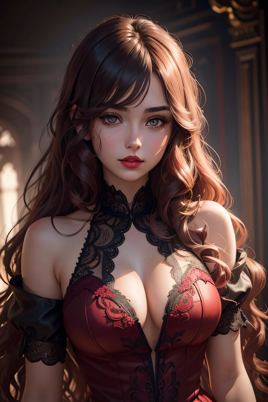 a shy 20-year-old girl with bordeaux wavy hair,beautiful detailed eyes,beautiful full red lips,intricate detailed facial features,trendy fashionable clothes,intricate detailed dress,dramatic lighting,dramatic shadows,cinematic composition,intricate details,muted color palette,highly detailed,photorealistic,8k,best quality,masterpiece