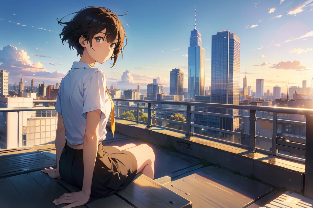 (Masterpiece,Best quality,Ultra high resolution: 1.1),Best Anime Wallpaper Winner,by Makoto Shinkai,realistic,highres,A female student sitting on the rooftop overlooking the city,Yellow short hair,Student clothing,JK,female focus,urban,super side angle,super details,afternoon,