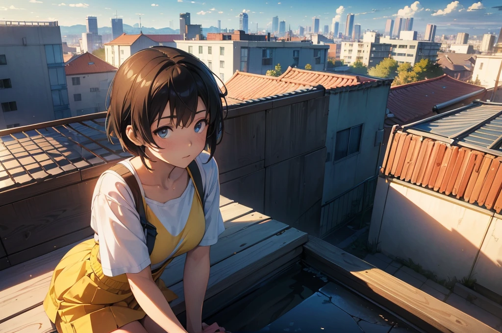 (Masterpiece,Best quality,Ultra high resolution: 1.1),Best Anime Wallpaper Winner,by Makoto Shinkai,realistic,highres,A female student sitting on the rooftop overlooking the city,Yellow short hair,Student clothing,JK,female focus,urban,super side angle,super details,afternoon,