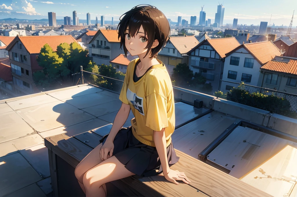 (Masterpiece,Best quality,Ultra high resolution: 1.1),Best Anime Wallpaper Winner,by Makoto Shinkai,realistic,highres,A female student sitting on the rooftop overlooking the city,Yellow short hair,Student clothing,JK,female focus,urban,super side angle,super details,afternoon,