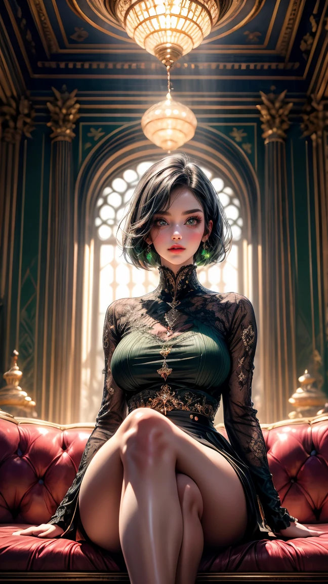 young intricate woman in royal palace, beautiful woman, Bob cut short hair, green hair, hair, bright green eyes, white skinned, sitting on a white majestic couch, wide angle lens f/2.8, ultra insane high resolution intricate textures, texture indentation, perfect perspective, perfect geometry, ultra insane ambient lighting, ultra insane ambient shadows, wearing full pink colored clothes, sexy clothes, luminism, ultra detailed busy background, tessellation, maximalism, perfectionism, IPA Award wining masterpiece, curvy figured woman, seductive expression, seductive figure.