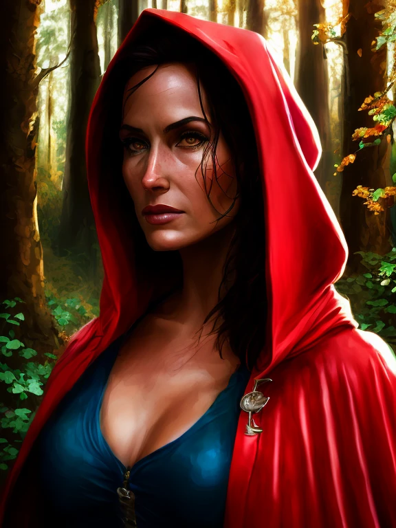 Close-up portrait of NewLaraCroft in the forest, (Backlight), realistic, masterpiece, top quality, ((Red cloak with hood)), ((frightened )), lens flare, Shadow, blossom, (( flashes of light)), [chromatic aberration], digital painting
