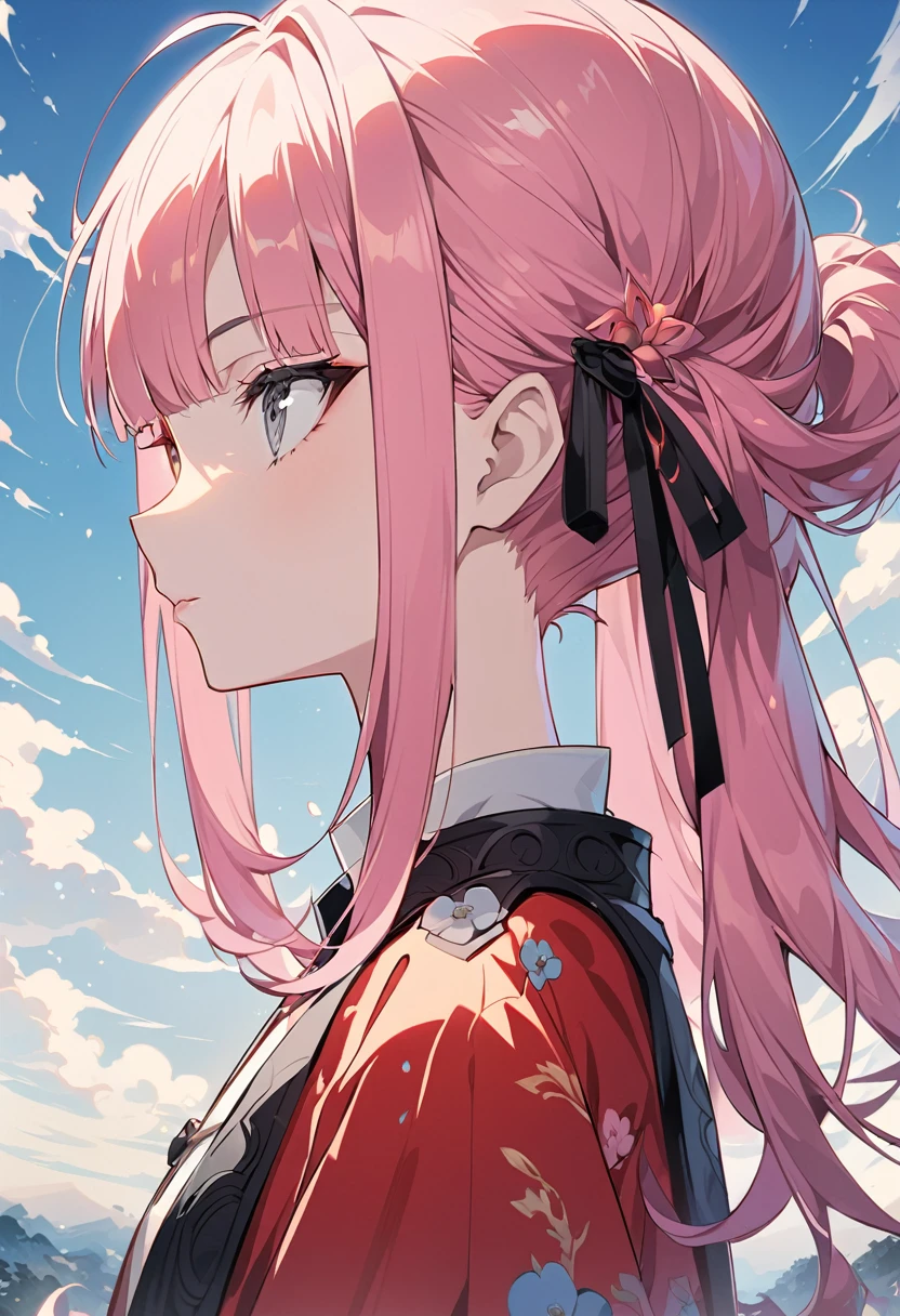 Anime Style, profile,18-year-old,Face Focus、bangs,Grey Eyes, short, Chinaの衣装, Pink Hair, Grey Eyes,Wide-angle shot,Beautiful background,China